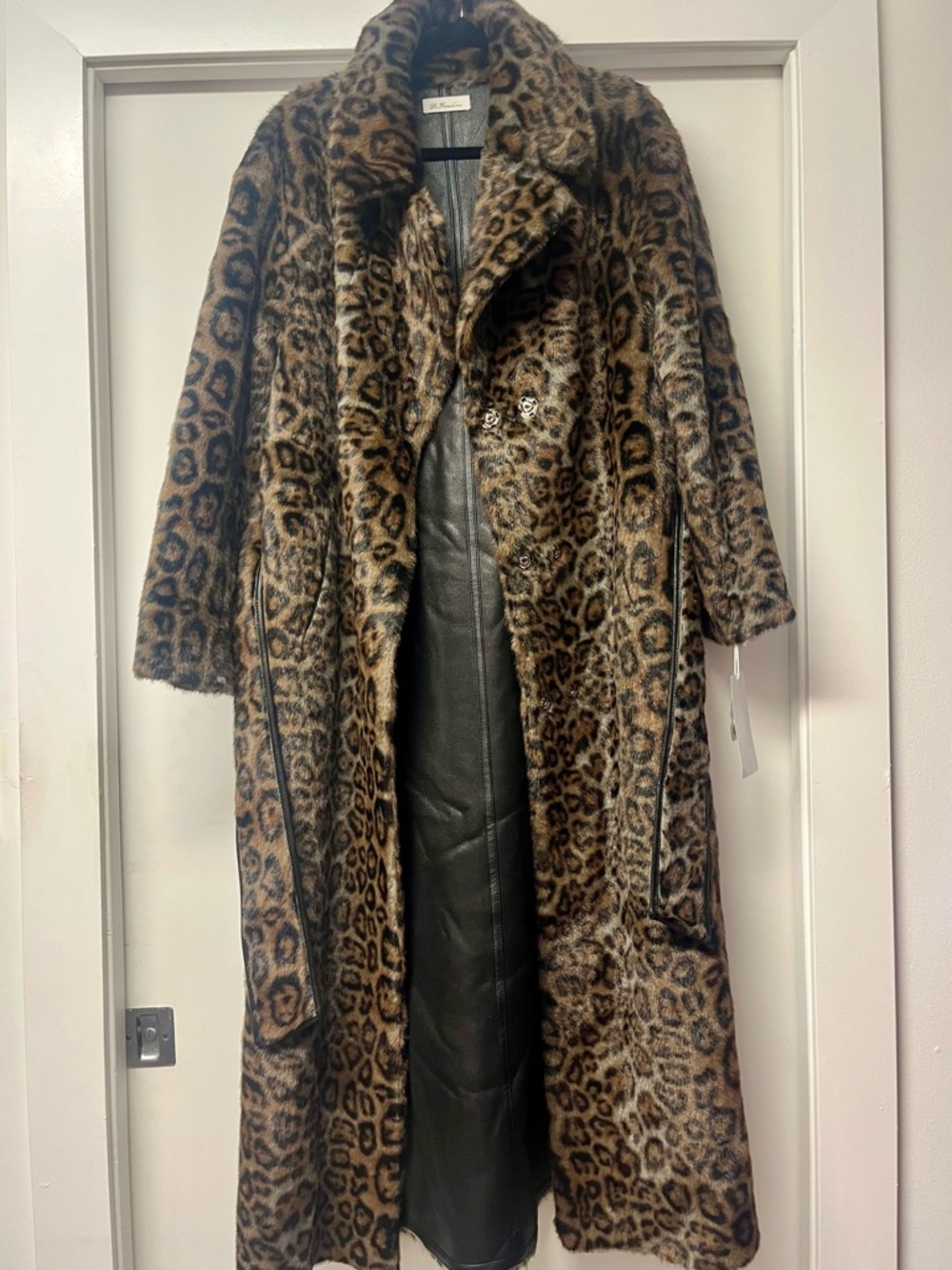 La Fiorentina Reversible Faux Fur Leopard & Black Leather Long Maxi Trench Coat - Picture 2 of 12